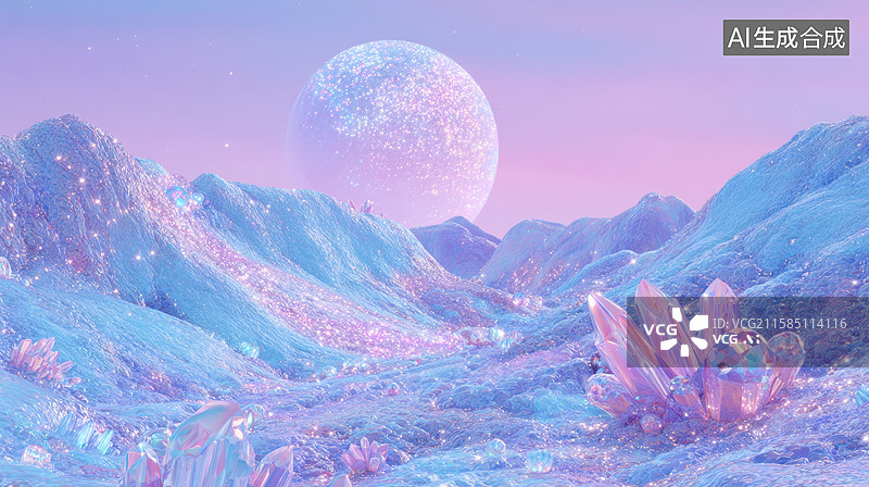 【AI数字艺术】梦幻水晶山脉与闪耀满月图片素材