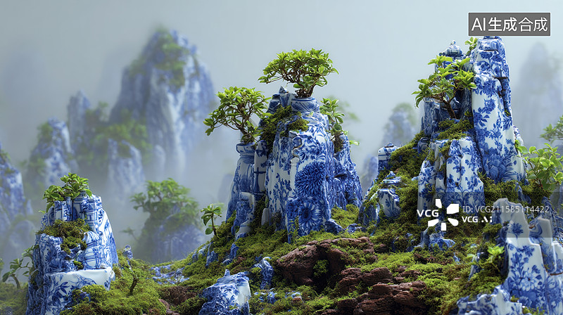 【AI数字艺术】青瓷山峰上的绿植景观图片素材