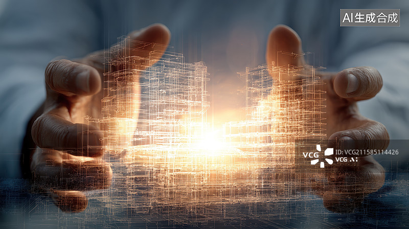 【AI数字艺术】双手托举虚拟建筑模型图片素材