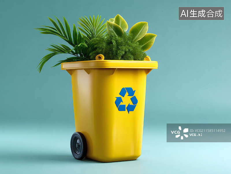 【AI数字艺术】一只装满绿色树叶的垃圾桶图片素材