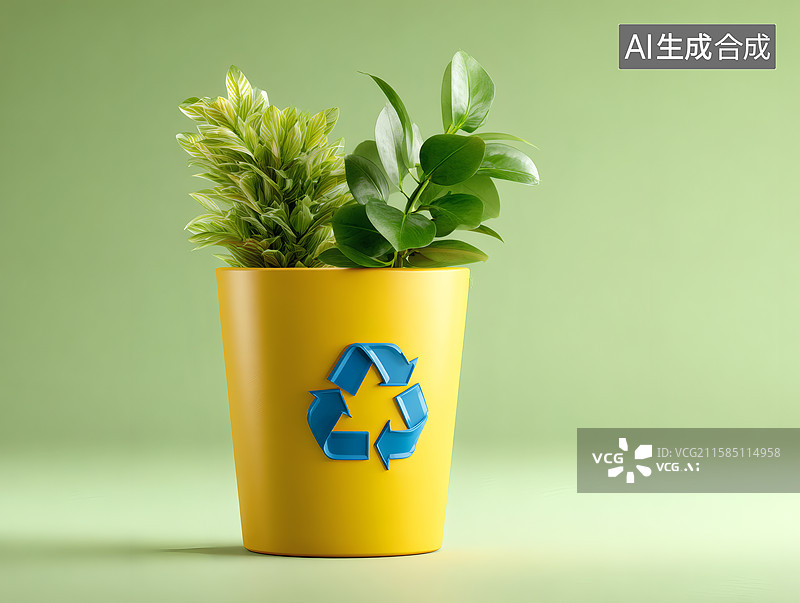 【AI数字艺术】一只装满绿色树叶的垃圾桶图片素材