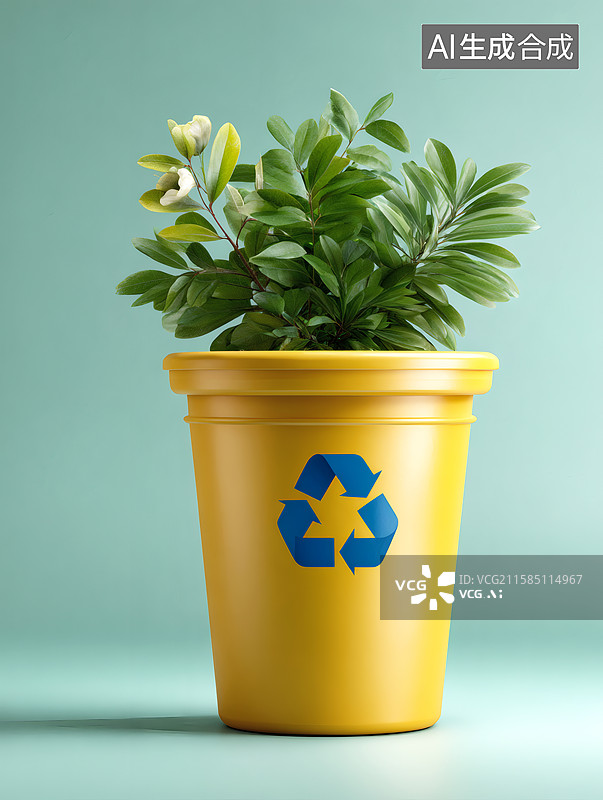 【AI数字艺术】一只装满绿色树叶的垃圾桶图片素材