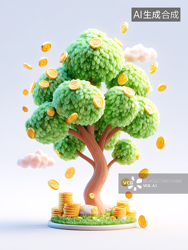 【AI数字艺术】一棵卡通树周围落下金币图片素材