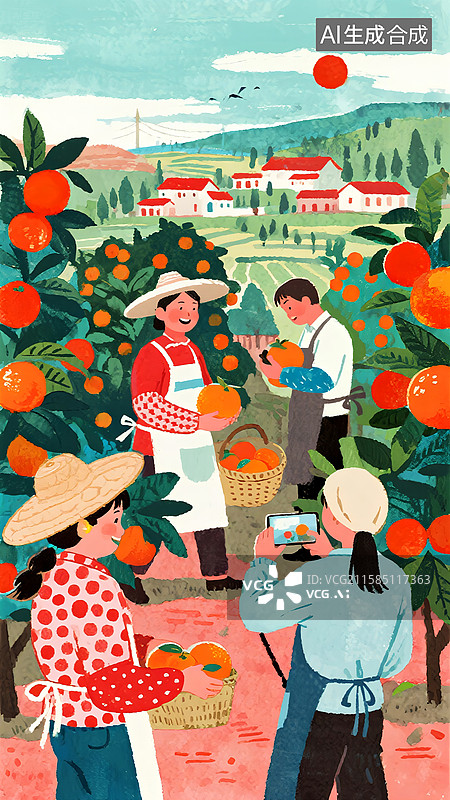 【AI数字艺术】收获的季节，农民在丰收的果园用手机拍视频，直播带货图片素材