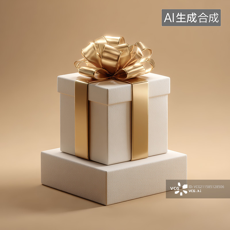 【AI数字艺术】带有金色丝带蝴蝶结的白色礼品盒图片素材