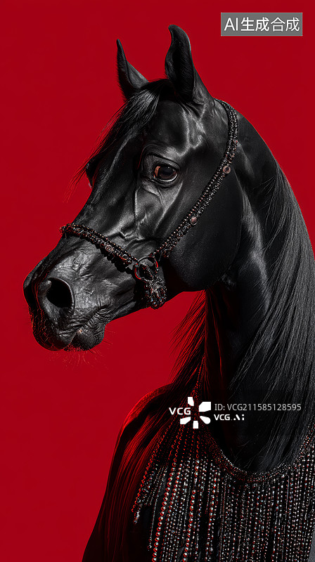 【AI数字艺术】红背景下佩戴华丽缰绳的黑色阿拉伯马图片素材