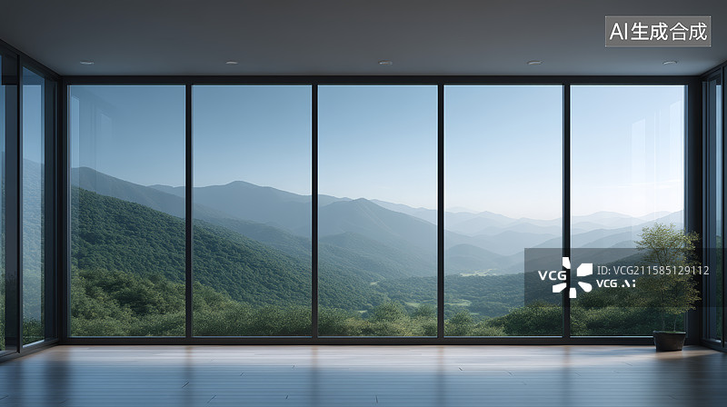 【AI数字艺术】落地窗俯瞰壮丽山景图片素材