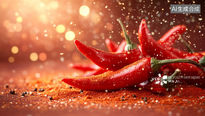 【AI数字艺术】红辣椒与辣椒粉特写图片素材