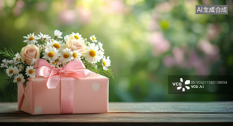 【AI数字艺术】粉色礼盒搭配鲜花静物图片素材