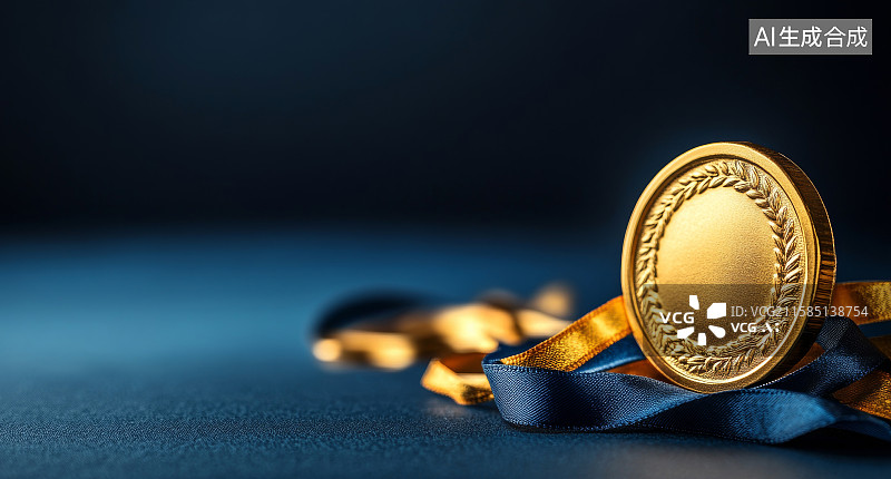 【AI数字艺术】蓝色背景上的金色奖牌图片素材