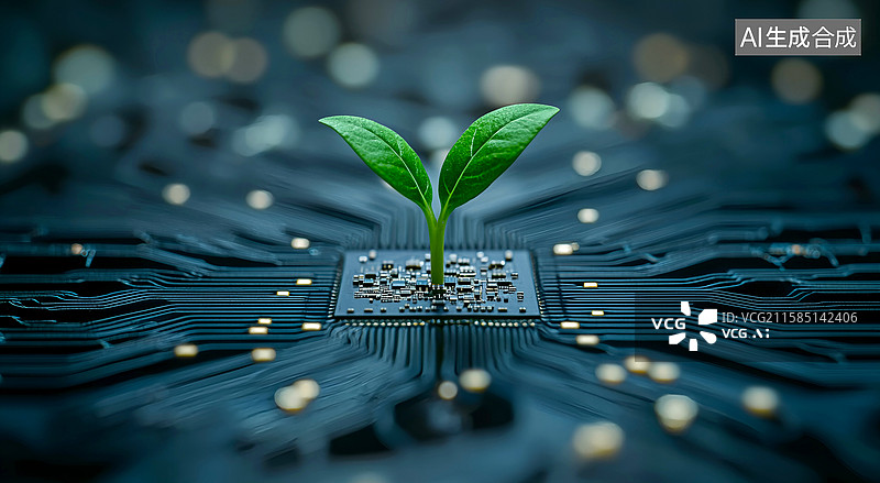 【AI数字艺术】电路板芯片上一株幼苗禾苗图片素材