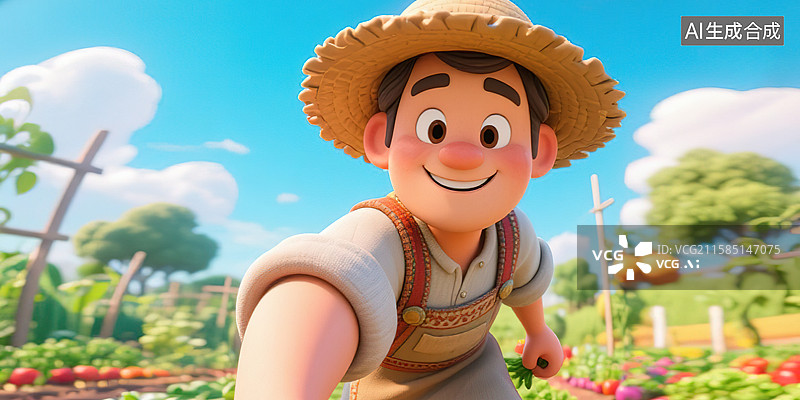 【AI数字艺术】农民面带笑容伸出手在菜园劳作采摘农作物果蔬秋天收获鱼眼镜头360度大透视3D 动画风格三维立体插图图片素材