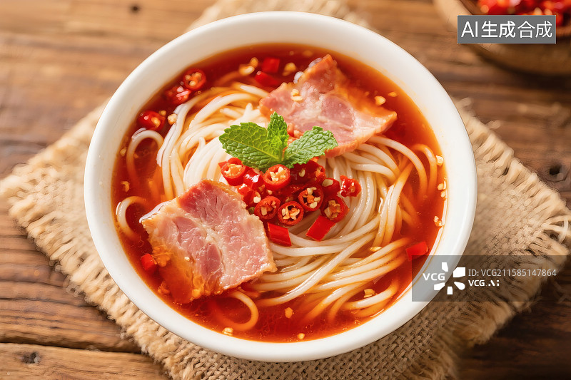【AI数字艺术】一碗麻辣鲜香的米线，上面两片肉片图片素材