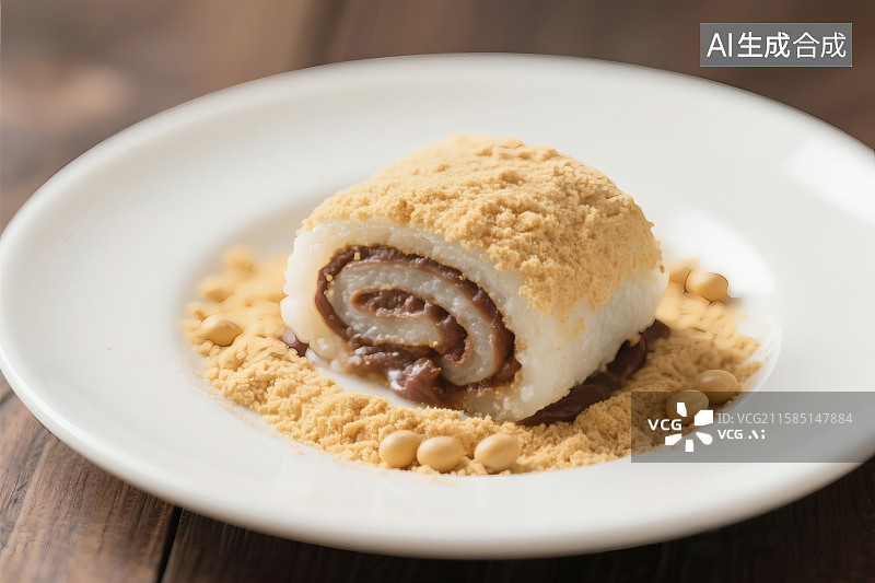【AI数字艺术】豆沙馅的传统小吃驴打滚，上面撒着黄豆粉图片素材