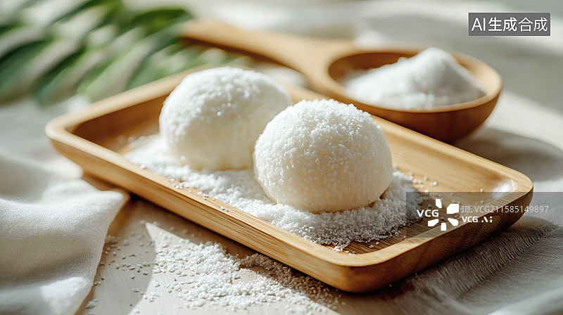 【AI数字艺术】椰蓉球与木质托盘的精致美食图片素材