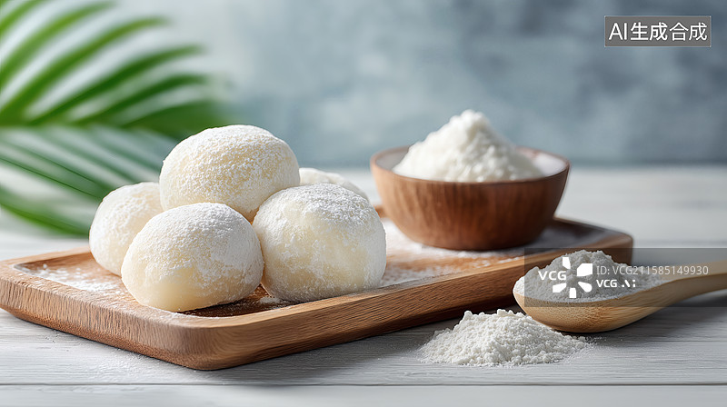【AI数字艺术】椰蓉球与木质托盘的精致美食图片素材