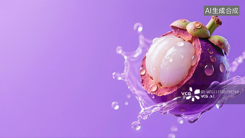 【AI数字艺术】3D立体三维C4D水果水花四溅山竹果肉居右背景图片素材