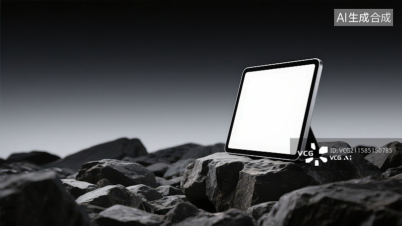 【AI数字艺术】黑灰色渐变背景里一部屏幕是白色的智能平板电脑立在石头堆中岩石上图片素材