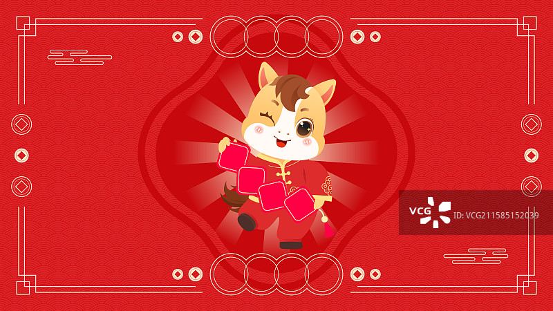 国风2026马年拿着春联的可爱十二生肖卡通人物插画横版图片素材