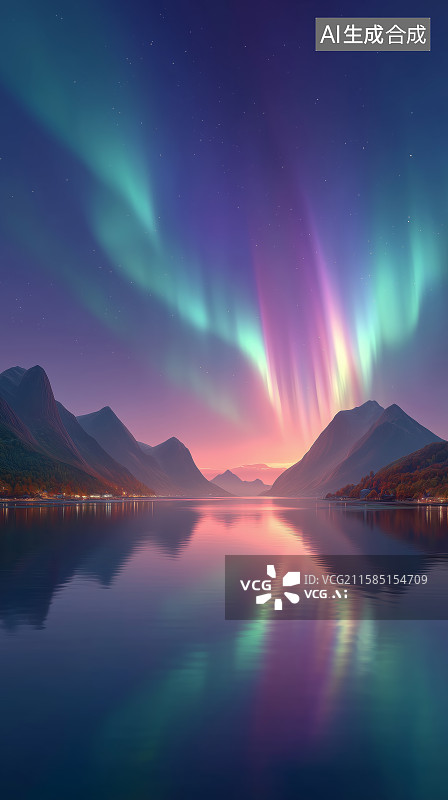 【AI数字艺术】极光映照雪山湖泊图片素材