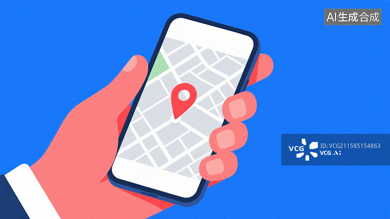 【AI数字艺术】蓝色背景下一只手拿着智能手机屏幕上有导航地图和红色定位图标图片素材
