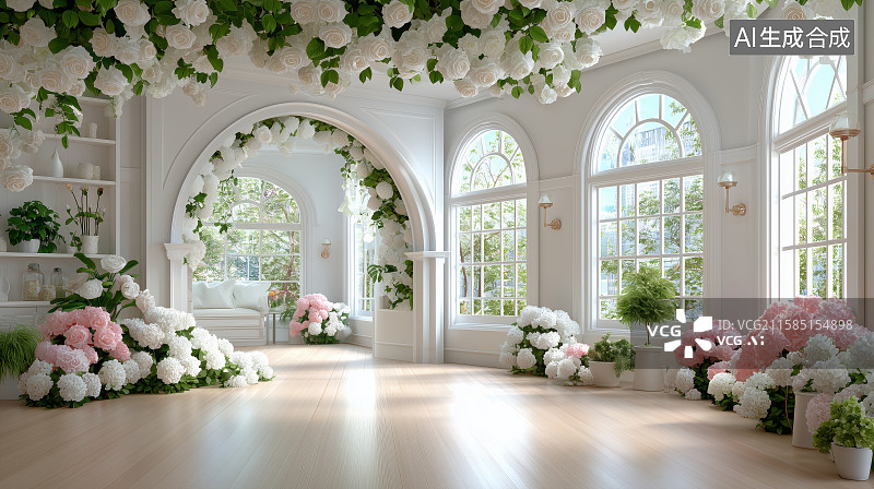 【AI数字艺术】明亮宽敞的室内花艺装饰空间图片素材