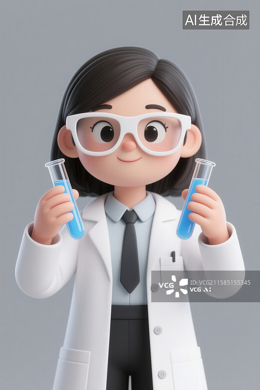 【AI数字艺术】纯色背景下戴着护目镜的卡通女性医生手拿着化学试剂试管进行实验图片素材