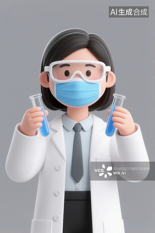 【AI数字艺术】灰色背景下戴着护目镜戴着蓝色医用外科口罩的卡通女性医生手拿着化学试剂试管进行实验图片素材