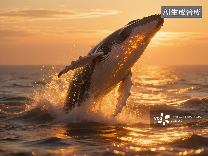 【AI数字艺术】鲸鱼跃出海面，夕阳映照图片素材
