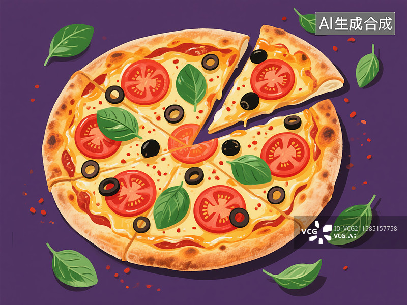 【AI数字艺术】美味披萨配番茄黑橄榄图片素材