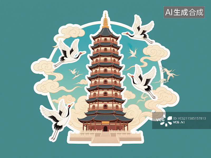 【AI数字艺术】古塔与飞鹤的和谐景象图片素材