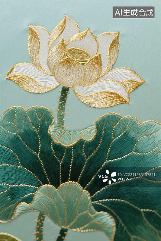 【AI数字艺术】金色莲花刺绣艺术图片素材