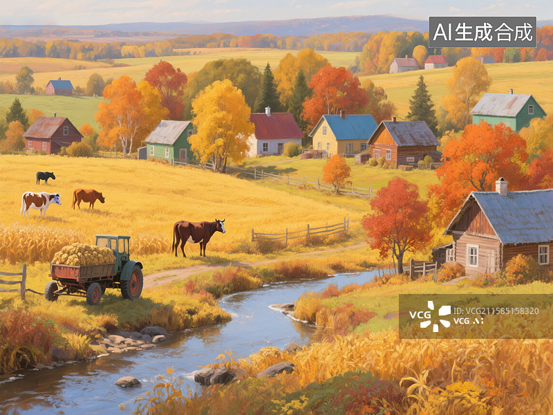 【AI数字艺术】秋日乡村景色，牛车与农舍图片素材