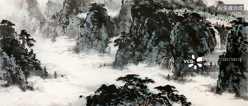 【AI数字艺术】中国画气势磅礴山水风景图片素材