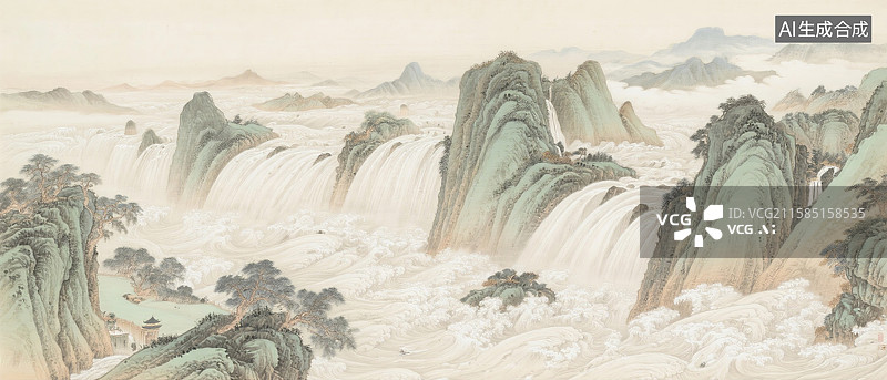 【AI数字艺术】中国画气势磅礴山水风景图片素材