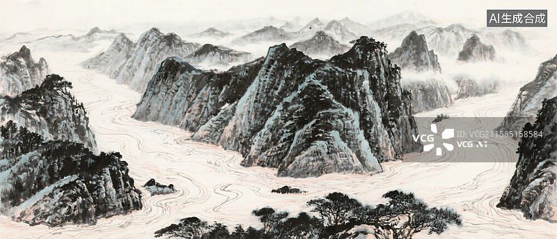 【AI数字艺术】中国画气势磅礴山水风景图片素材