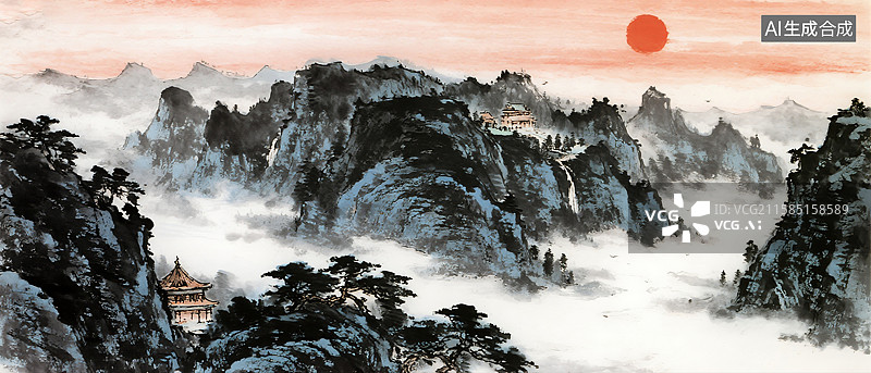 【AI数字艺术】中国画气势磅礴山水风景图片素材