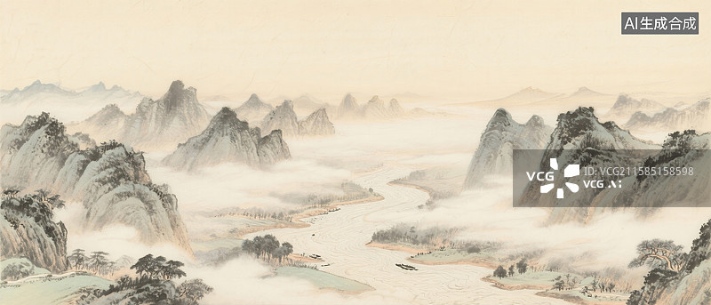 【AI数字艺术】中国画气势磅礴山水风景图片素材