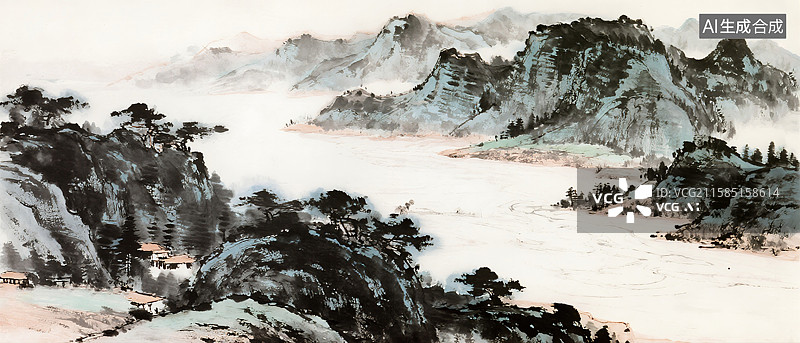 【AI数字艺术】中国画气势磅礴山水风景图片素材
