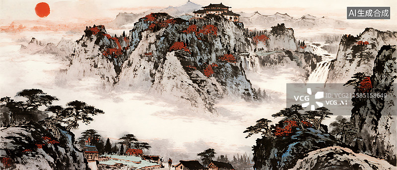 【AI数字艺术】中国画气势磅礴山水风景图片素材