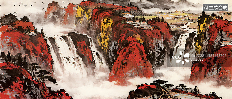 【AI数字艺术】中国画气势磅礴山水风景图片素材
