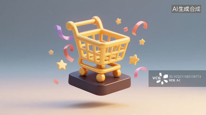 【AI数字艺术】3D渲染周围飘出彩带小星星带有黑色底座的金黄色卡通购物车图片素材