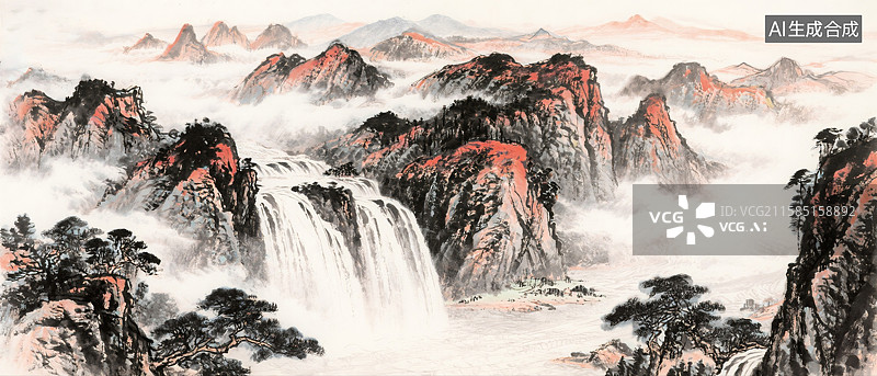 【AI数字艺术】中国画气势磅礴山水风景图片素材
