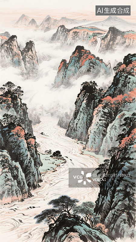 【AI数字艺术】中国画气势磅礴山水风景图片素材