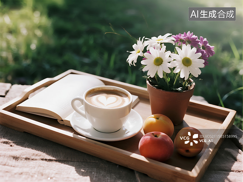 【AI数字艺术】木盘上的咖啡、书籍与鲜花图片素材