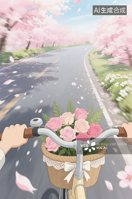 【AI数字艺术】第一人称视角特写握紧车把的双手和车筐装满鲜花骑行在粉色花瓣飘落的路上场景图片素材