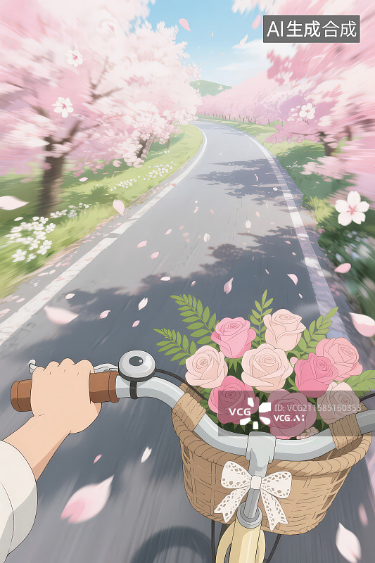 【AI数字艺术】第一人称视角特写握紧车把的双手和车筐装满鲜花骑行在粉色花瓣飘落的路上场景图片素材