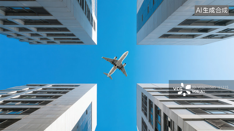 【AI数字艺术】透过高楼建筑俯视飞机飞过图片素材