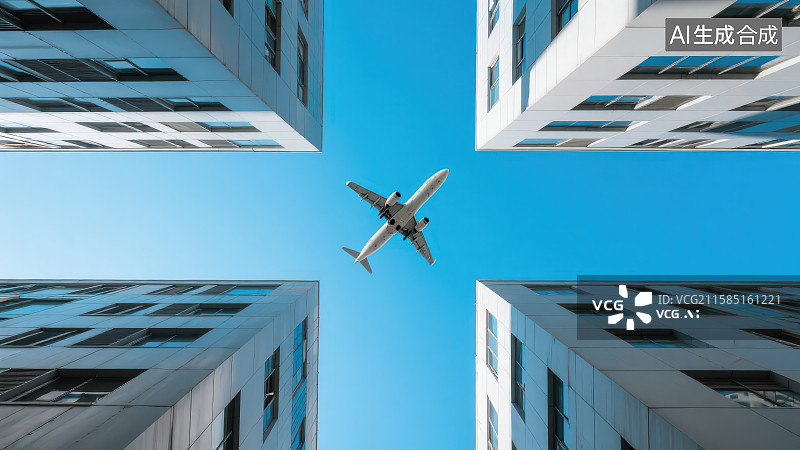 【AI数字艺术】透过高楼建筑俯视飞机飞过图片素材