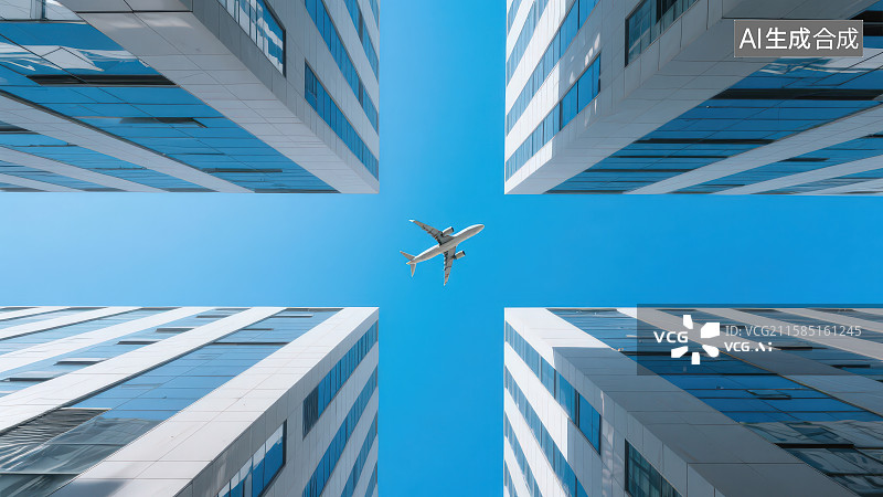 【AI数字艺术】透过高楼建筑俯视飞机飞过图片素材